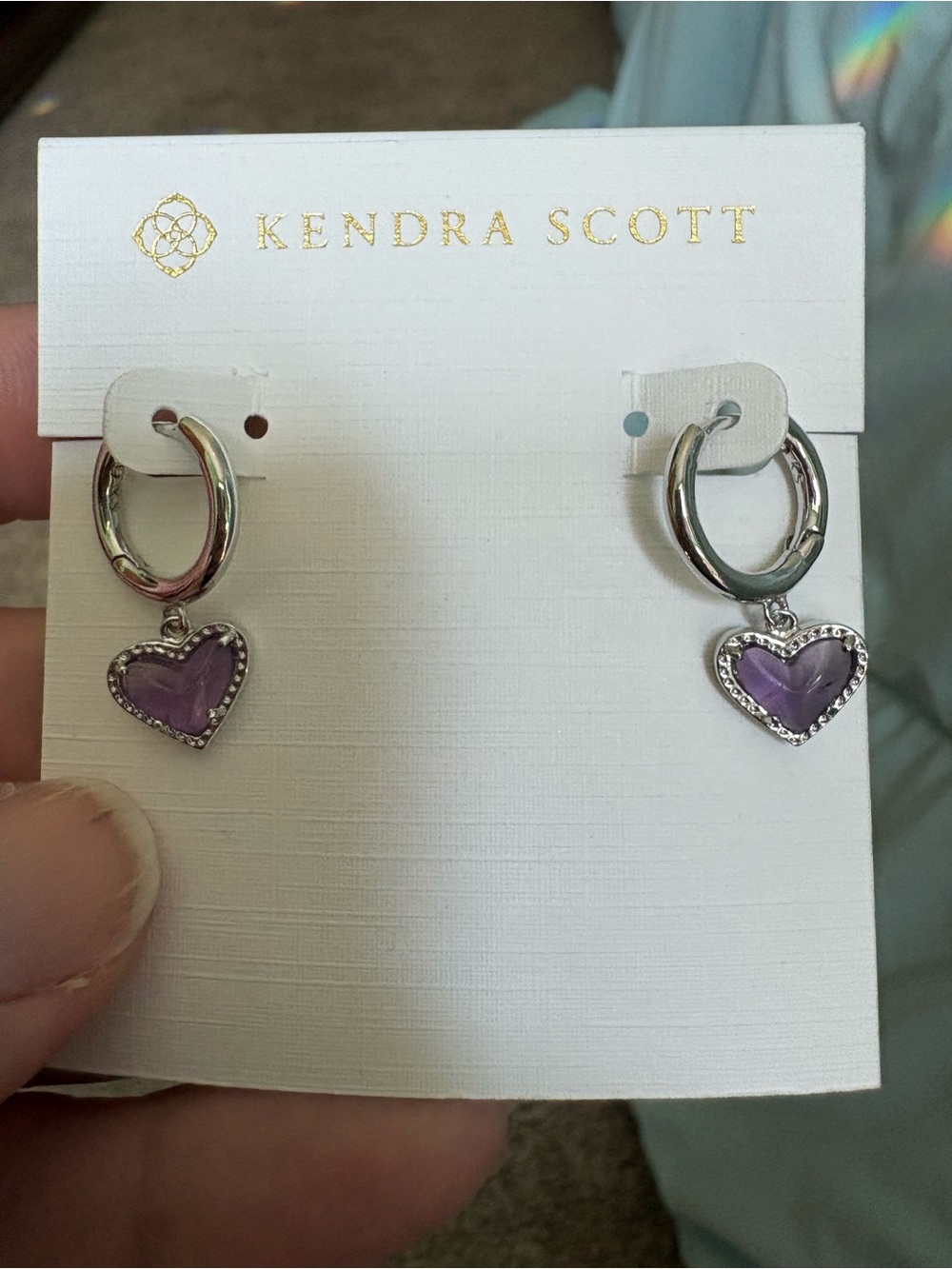 Kendra Scott Silver Hoop Ari Huggie Earrings with Purple Hearts